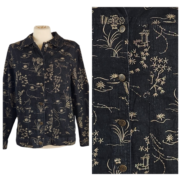 Embroidered Denim Linen Jacket Women’s Medium Oriental Artsy Boho Vintage - Picture 2 of 16